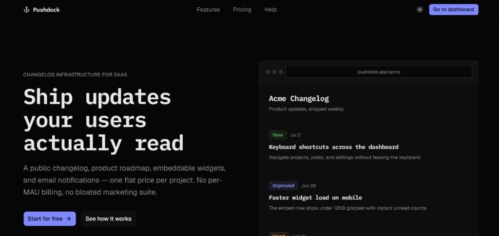 Pushdock — Changelog infrastructure for SaaS